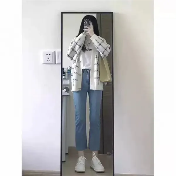가을청바지 시크 여자아이 코디 계 눈길을 끄는 홍콩무드 학원 체크가디건 룩 트렌드 3680428514