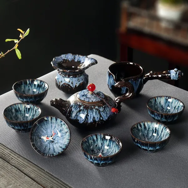 보여 건잔가마 균요 광휘 로얄킴스6인홈 룩 도자기 옆 손잡이 화상방지 가정용 다도 별이총총한하늘 블루 （용등호 ）10