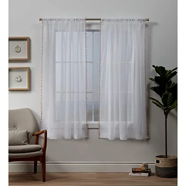 EOM 독점적 인 홈 커튼 Pom Embellished Sheer Rod Pocket Top Curtain Pane [54x63- Blush] - E087707PM5HLW12, 54x63- Blush