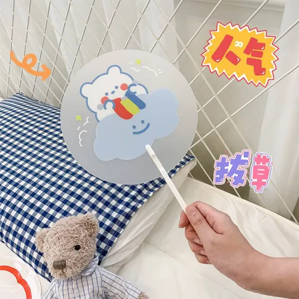 둥근 P애니메이션 소창 곰의 손잡다 부채를 흔들다 NS 뜻C 큐트 배우다 I생변명 V부채 여름 투명 원형 계절 긴 자루, 애니메이션 핸들스틱 원형 부채 (무지
