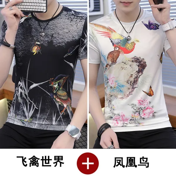 플라워프린트 라운드넥 얇은 동물 여름 청년 체형커버 M552770, 날짐승 세상 블랙 봉황 화이트