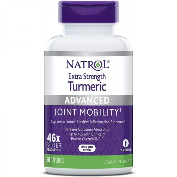 세포 염증 심장 관절 및 뇌 건강 임상적으로 입증된 Curcu를 지원하는 Natrol Extra Strength Turmeric Capsula, 1, 단일옵션