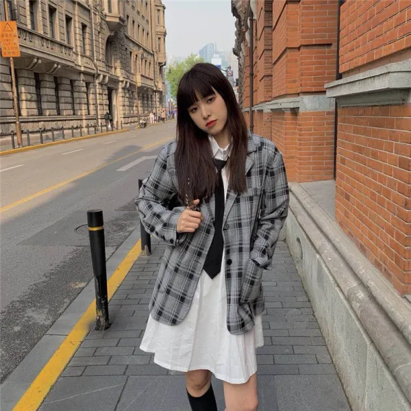 빅세일즈 정장 코트 심플 교 공급감응 가을 얇은 작은 키 그레이 체크 루즈핏남방 셔츠 스커트 포함안함 넥타이