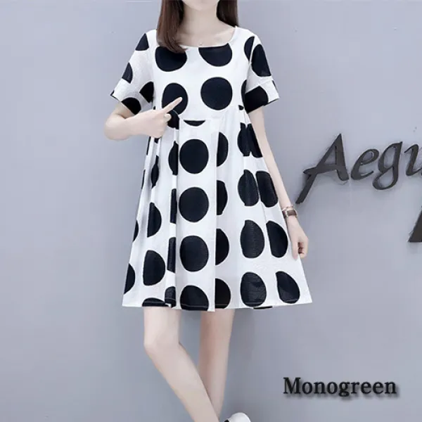 모노그린 라운드 넥 빅 도트 웨이브 반팔 캐주얼 원피스 드레스 Toc1094