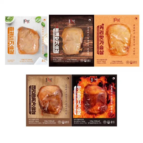 홀리닭 바로먹는 실온 닭가슴살 5종 혼합 110g 120g (마일드 훈제 커리 데리야끼 핫스파이시), 60팩구성 (실온닭가슴살 5종 x 12팩)
