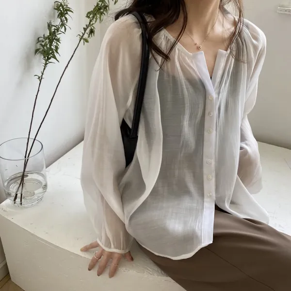위파인더 섣달 그믐날의 루즈 달콤한 벌룬 블라우스 여 여름 국내 순색 시스루 블라우스 상의 676