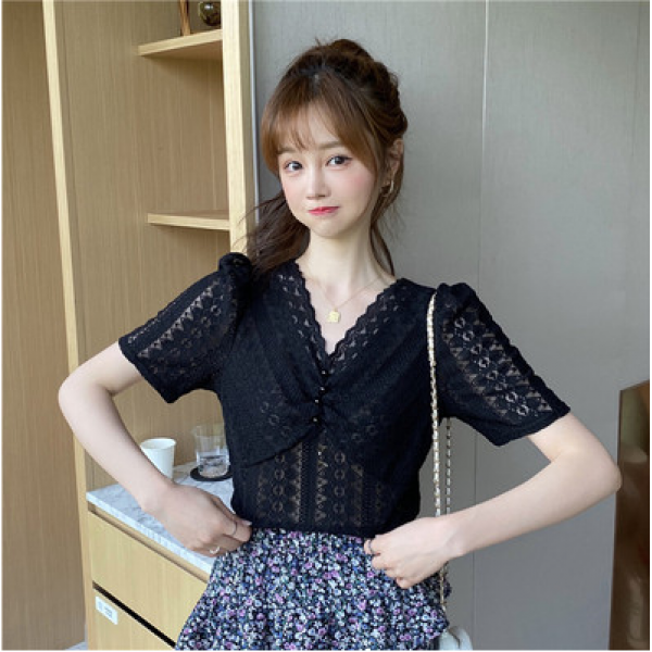 화이트 펀칭 레이스 블라우스 패션 반팔 셔츠 여 슈퍼 선양기 상의 여름 학생 학원풍 디자인 느낌