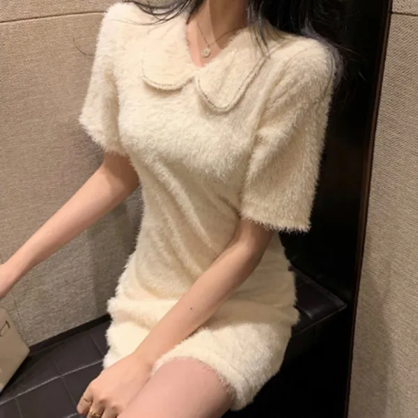 겟잇미 / (당일배송) 인조퍼 카라 반팔 미니원피스