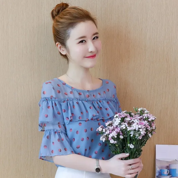 패션이루 하늘색 블라우스 여름 여성 프릴 쉬폰 칠부 반팔HSX