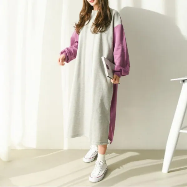 루아즈 / 심플 데일리룩 배색 맨투맨 롱원피스