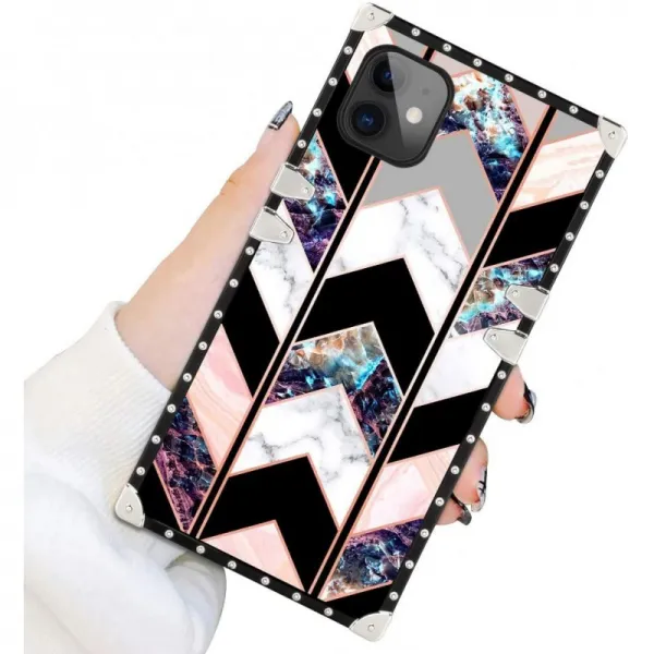 SOKAD iPhone 11 케이스 6.1인치 사각파 지오메트릭 마블 럭셔리 소프트 TPU 쇼크 방지 메탈 장식 코너 백 커버 케이스