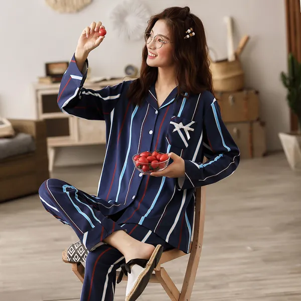 묘 계 커플 잠옷 춘추 가디건 스트라이프 여성 캐주얼 트랙 가을 실내복 남