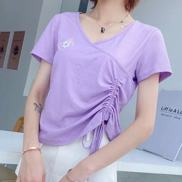 향긋한 토란 자줏빛 반팔 티셔츠 여 하의 새 V넥 순면 작은 하트 망 빨랫