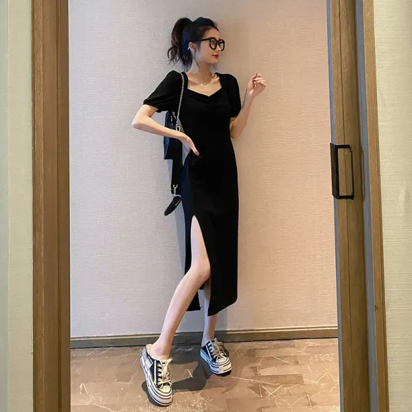 여름블랙원피스 프렌치 보이핏 볼륨 숲 스퀘어넥 클래식 헵번풍 허리보정 트임이 길다 3137461569