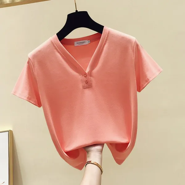 하복 햇 V넥 티셔츠 여 반팔 슬림핏 순면 향토 보라색 상의 Ins