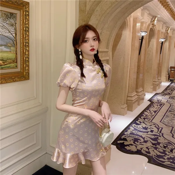 로즈매더 새틴 원피스 실크 샤틴 개량판 치파오 자 름 프렌치 도라지 소