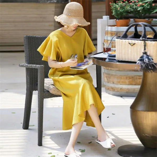 패션이루 프릴 면 브이넥 원피스 여름 롱 캐주얼 여성 루즈핏