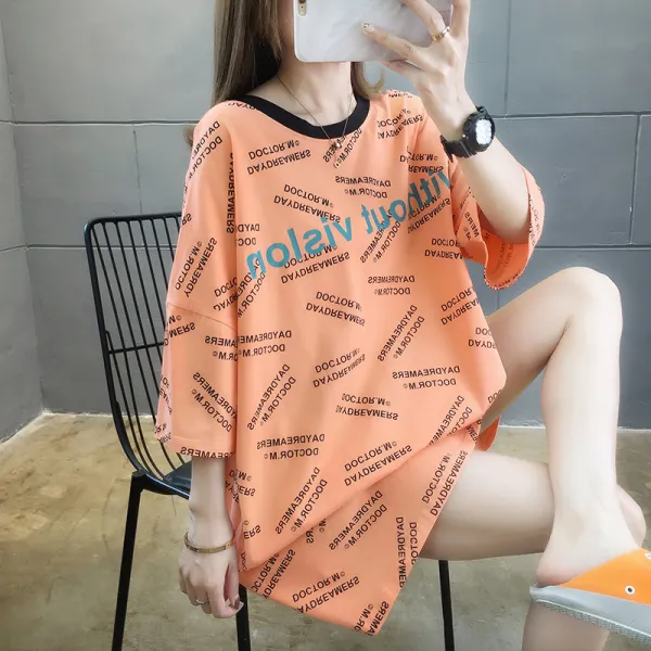 여름 면드 와이드 루즈핏 운이 나쁘다 플라워 프린트 이니셜 미디롱 빅사이즈 여성의류 T셔츠