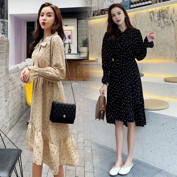 패션이루 플레어 도트 러플 원피스 긴팔 봄 가을 하객룩 여성
