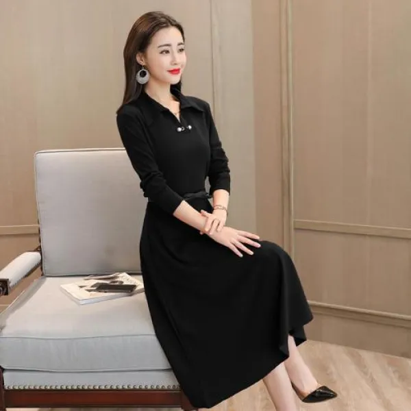  해외직구 2019 여성 긴보매 가을원피스실제 샷 2019 가을 새로운 슬림 긴 소매 긴 섹션 여성 기질은 얇은 긴 드레스 여성이었다