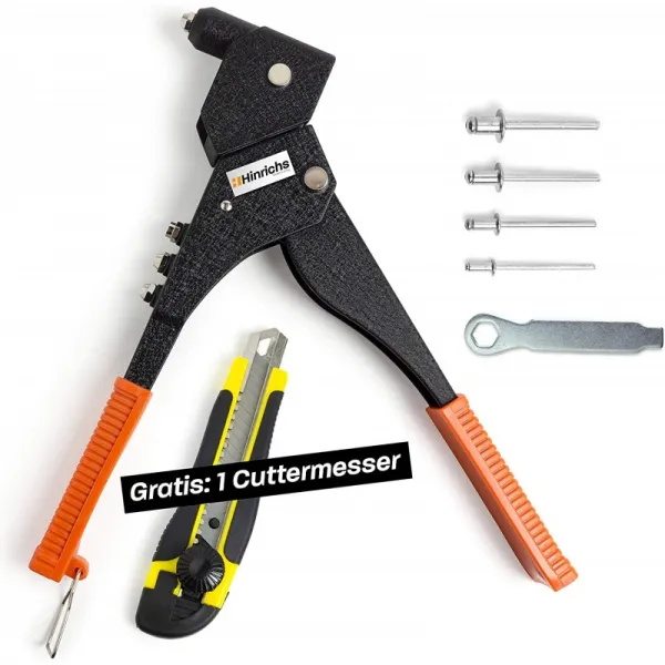 100개의 알루미늄 리벳으로 설정된 힌리히의 리브라 펜치 로터리 헤드가 있는 블라인드 재채기 펜치 마운팅 호스와 커터