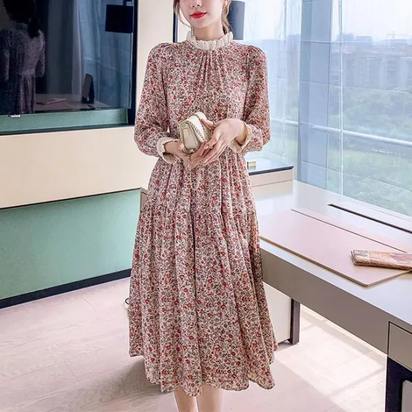 다온 I5zyqdt9 여성 긴팔 원피스 꽃무늬 슬림핏 캐주얼 가을 미디
