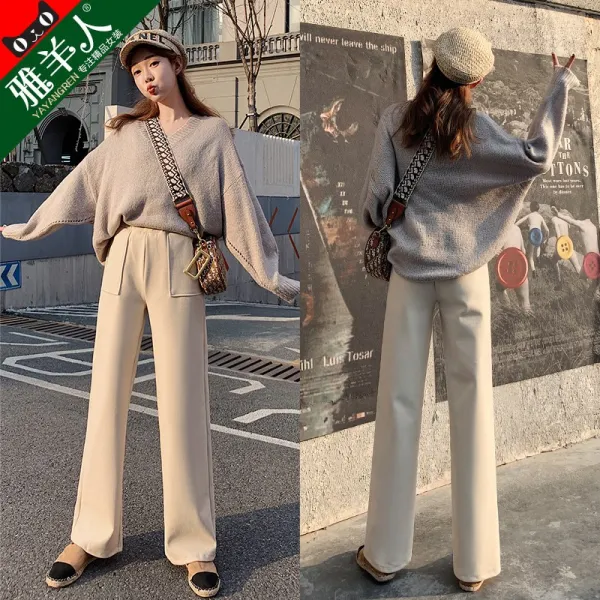 여자와이드팬츠 아이보리 모직 와이드팬츠 여성루즈핏 학생 코디하기쉬운 가을겨울 작은키 하이웨스트 날씬해보이는 와이드스타일 긴바지
