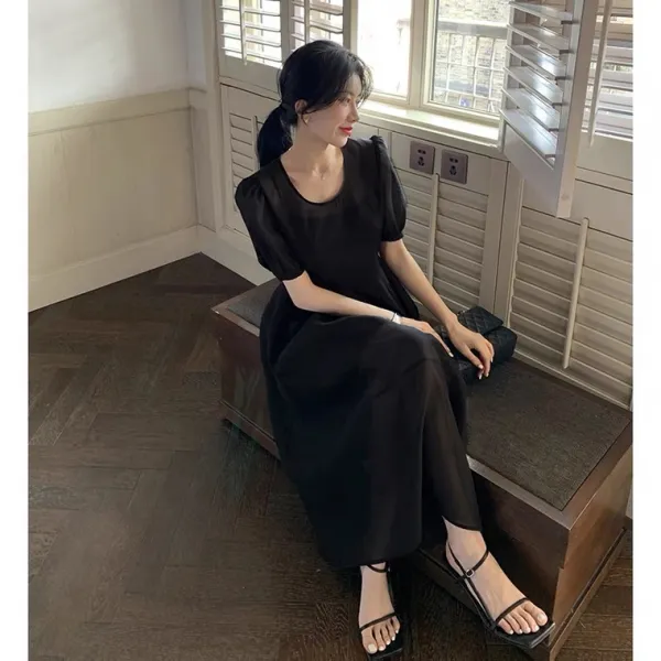 퍼프소매원피스 프렌치 티 멈추다 롱 소프트스타일 첫사랑 러블리 허리보정 자 여성 여름 3345591163, 블랙 M