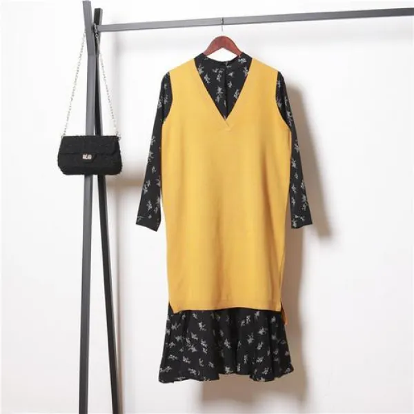 뷰티우먼 니트조끼+플라워 원피스 투피스 세트