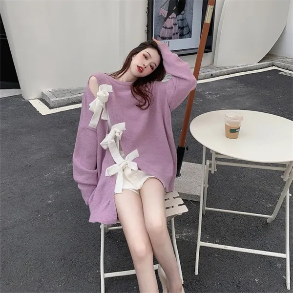 나비넥타이 빅사이즈 디자인감각 보이핏 볼륨 리본스트랩 니트 퍼 조수에 의지하다 겨울 가을 돌돌이 타오 2749226108, 보라색 /M