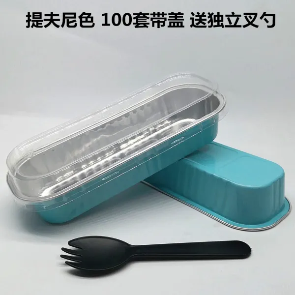 소주샵 베이킹 굽다 두리언 직사각형 알루미늄호일 파이상자 있음 뚜껑 치즈 아케이스 내열 푸딩 200ml X2개 공작 블루 100 커버 독립 포크