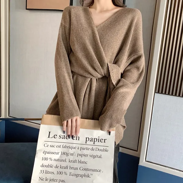 긴소매 초가을 새 여소중 v넥 스트링 조여 허리 미디움 나태풍 스웨터