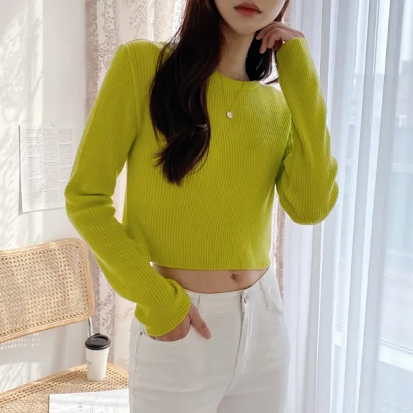 모양새 비비드 화사한 봄 세미 골지 크롭 티셔츠 슬림 라운드 넥 TEE 긴팔