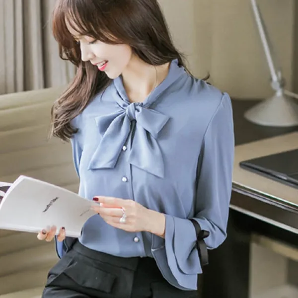 봄여름 리본 블라우스 여한범 학원풍 긴팔 플레어 소매 상의 프릴 눈방
