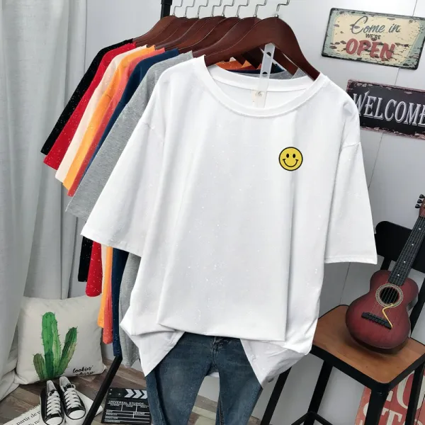 빅사이즈 여성 순면 반팔 200 통통 Mm 라지 여장 루즈 웃는 얼굴 네트 레드 스팽글 V넥 상의