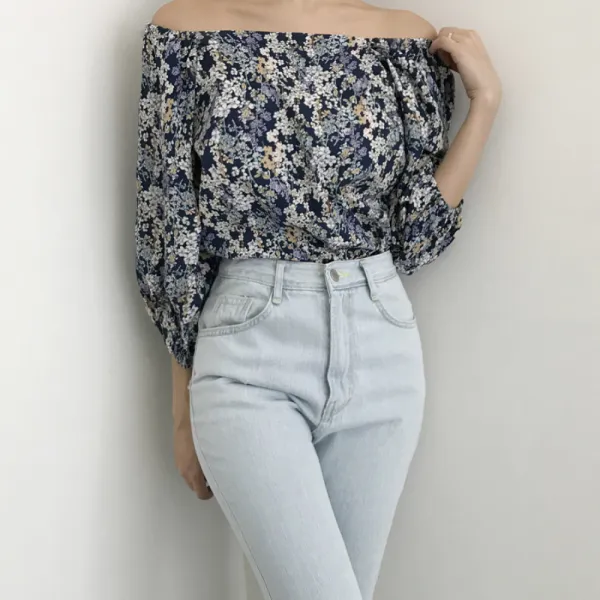 나이브 실루엣 / 로미 플로럴 투웨이 스퀘어넥 겸 오프숄더 밴딩 퍼프 블라우스 4color