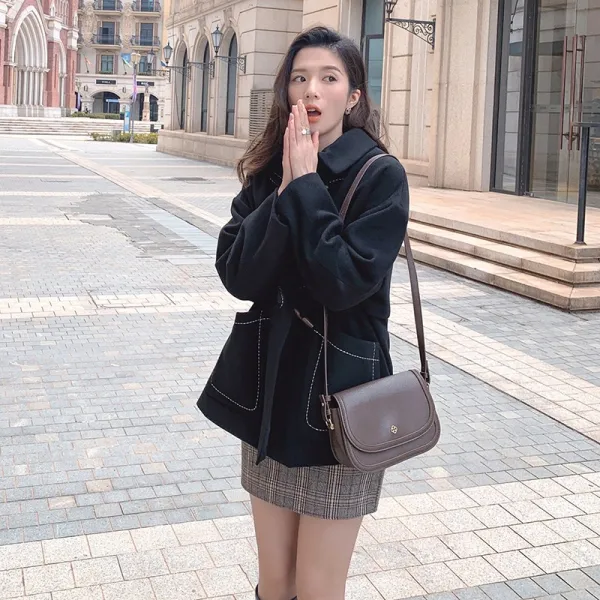 여성 겨울 캐쥬얼 통큰 클래식 심플미 낟알 수놓다 모직 울라이크 트렌드