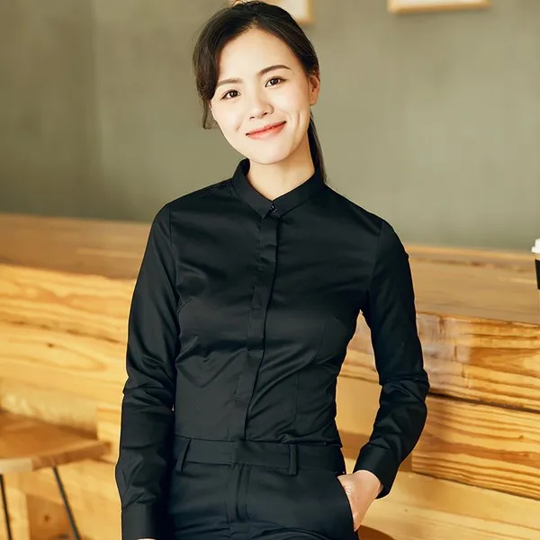 작업복 오피스 셔츠 여성긴소매 2019 스몰 칼라슬림한스타일 기질 위시엔웨어가공 화이트 정장 면, C03-블랙