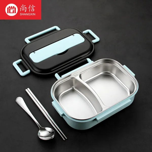 304 스테인레스 스틸 도시락 샐러리맨 보온 학생식당 별칸 심플 1인 겹체크 라이트블루 1000ml증정 주