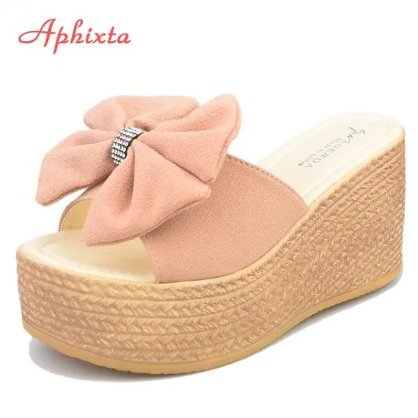 Aphixta 9cm Heels 여름 해변 플랫폼 여성 웨지 슬리퍼 아플리케 나비 매듭 여성 샌들 방해물 신발 슬라이