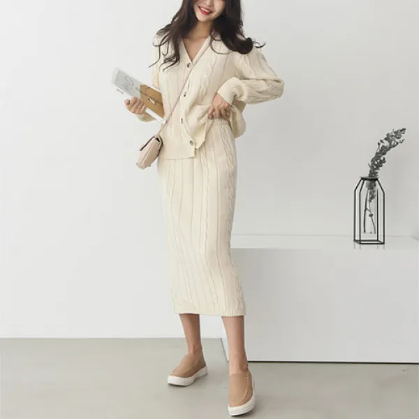 아티젠 브이넥 니트가디건과 니트 롱스커트 Set