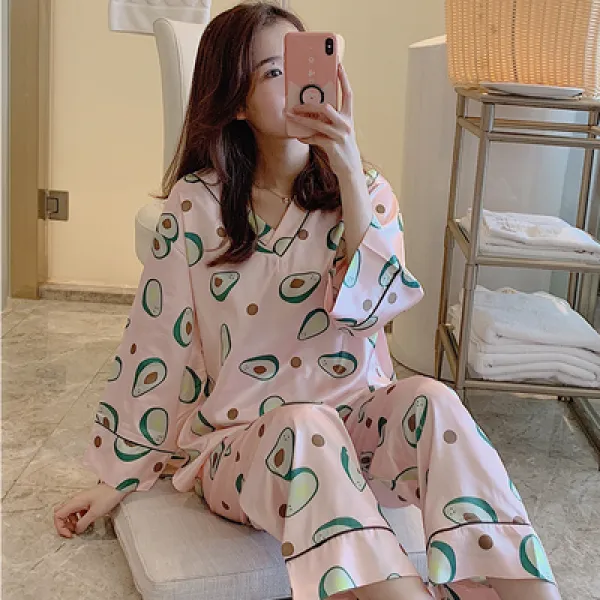 파자마 2019뉴타입 잠옷 봄가을 길이 소매얇은 아이스실크 오버사이즈 루즈핏 와이드팬츠 홈웨어 세트포장