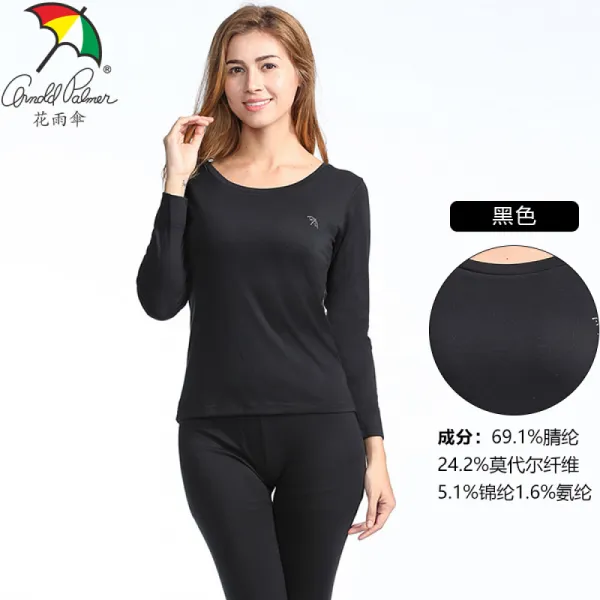 Arnold 꽃 우산 가을 겨울 여자 속옷 스 판 면 몸 에 착 달 라 붙 는 라운드 네 크 라인 모 노 톤 슬 림 핏 세트 3066 블랙 L