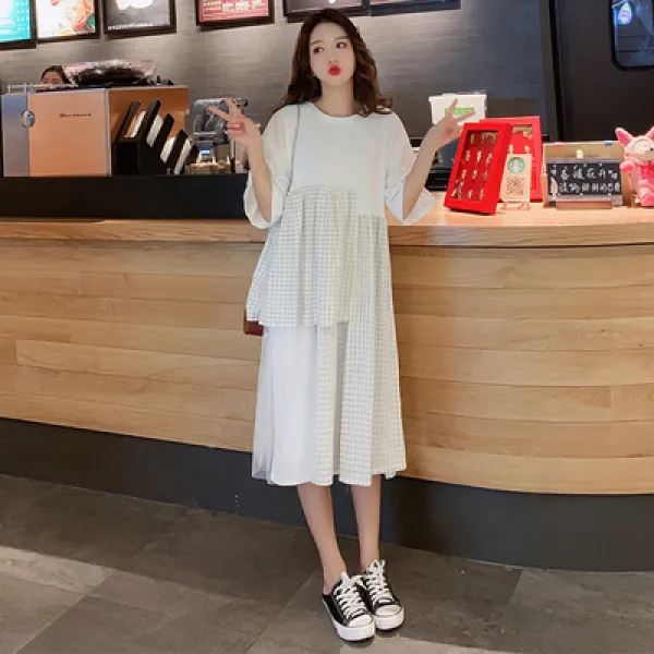 Aiermama 임부복 여름 반소매 원피스 45102603 흰색