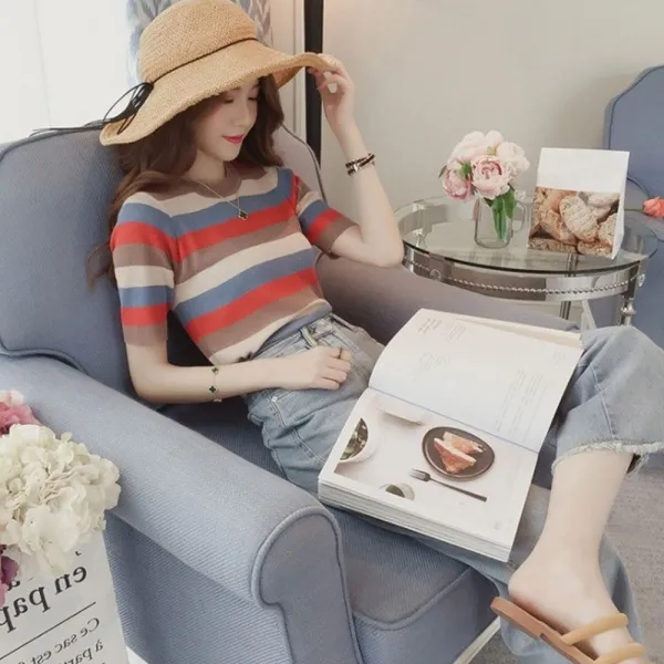  제로의옷장 단가라 컬러 반팔 니트티 Bb0927l13