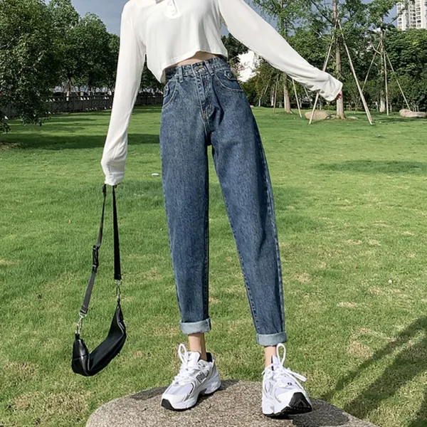 미아마호 베이지 데님 여 가을 하이웨스트 슬림 노친 슬렉스 9부 팬츠