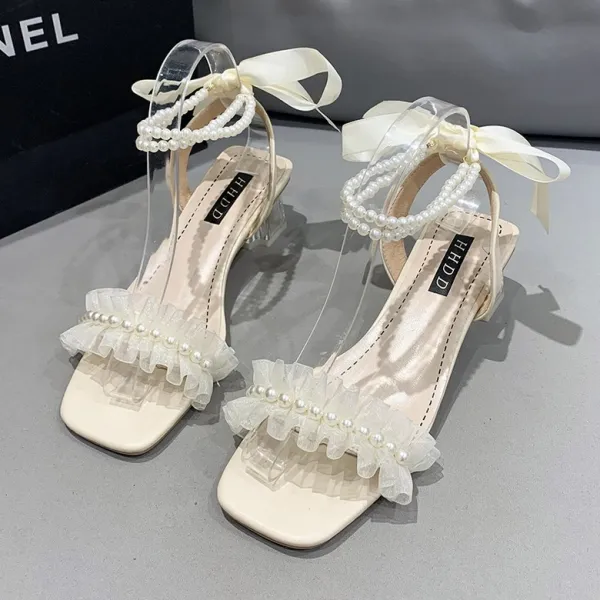 샌들 여성 2022 여름 스윗 스타일리쉬 사각코 청키 진주 일자 늦게 퇴근하다 부드러운 슈즈