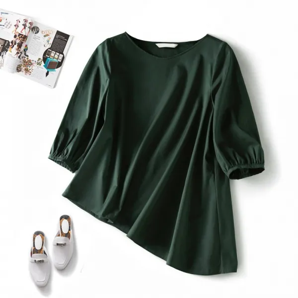 라운드넥 언발 비스듬히 늘어지다 5부 버블 심플 무드 순면 코튼 여성 트렌드