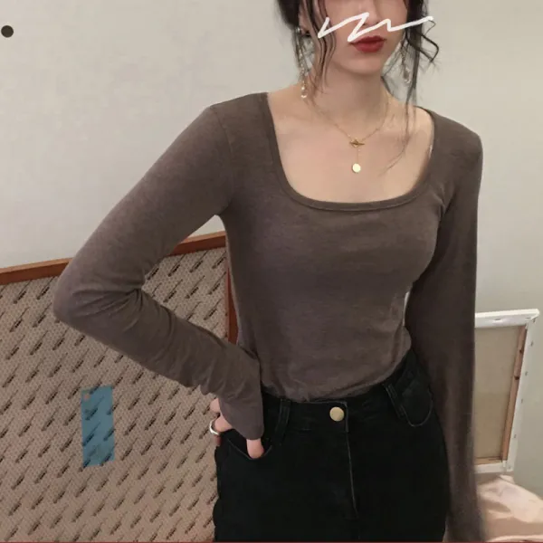 인싸템 INS 유행 보라색 스퀘어넥 긴소매 티셔츠 가을 여성의류 슬림 숏이너 상의