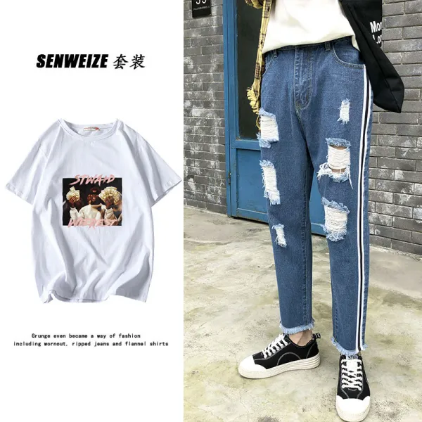 청바지 남성 캐쥬얼 패셔너블 팬츠 트렌드 슬림 스키니 9부 블루 여름 대미지 멋진 남자레플리카청바지